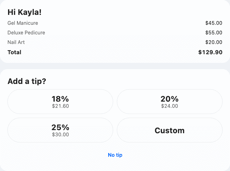 Màn hình khách chọn tip 18%, 20%, 25% hoặc tự nhập